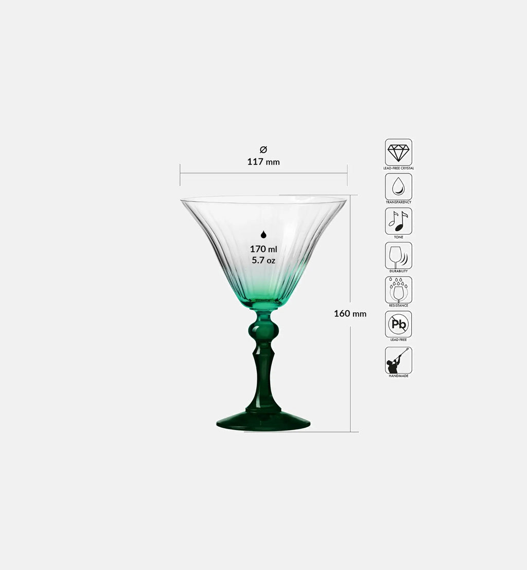 Shaded martini glasses with a dark green stem