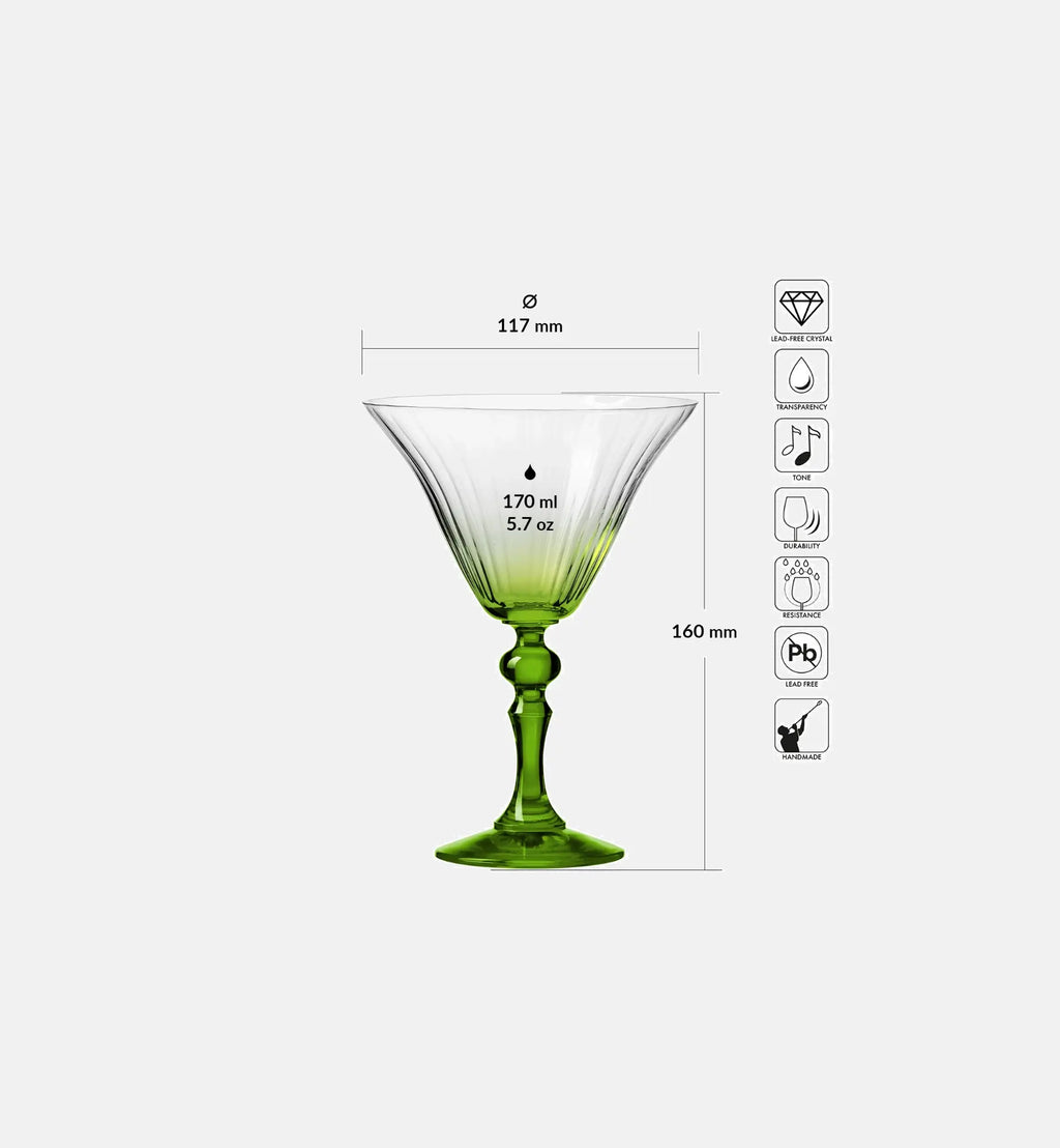 Cieniowane kieliszki do martini z zieloną nóżką 170 ml