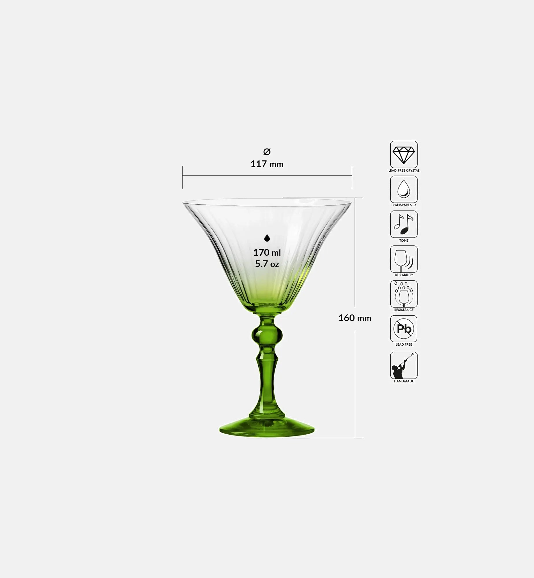 Cieniowane kieliszki do martini z zieloną nóżką 170 ml
