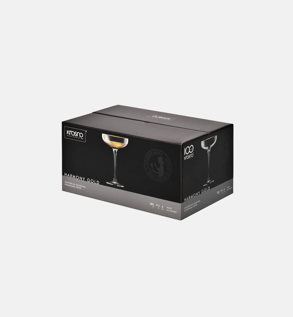 Płaskie kieliszki do szampana ze złotym paskiem Harmony 280 ml