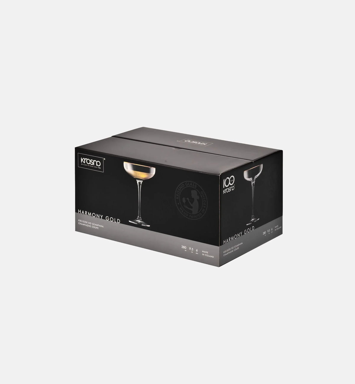 Płaskie kieliszki do szampana ze złotym paskiem Harmony 280 ml