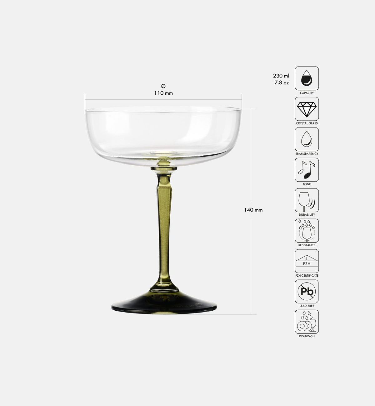Kieliszki do szampana z zieloną nóżką 230 ml