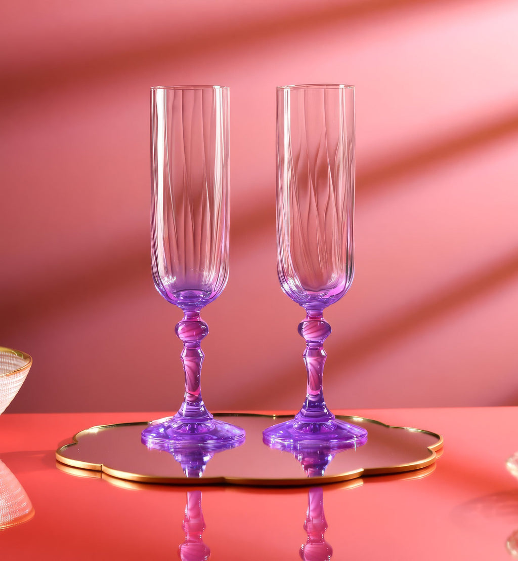 Cieniowane kieliszki do szampana z fioletową nóżką 200 ml